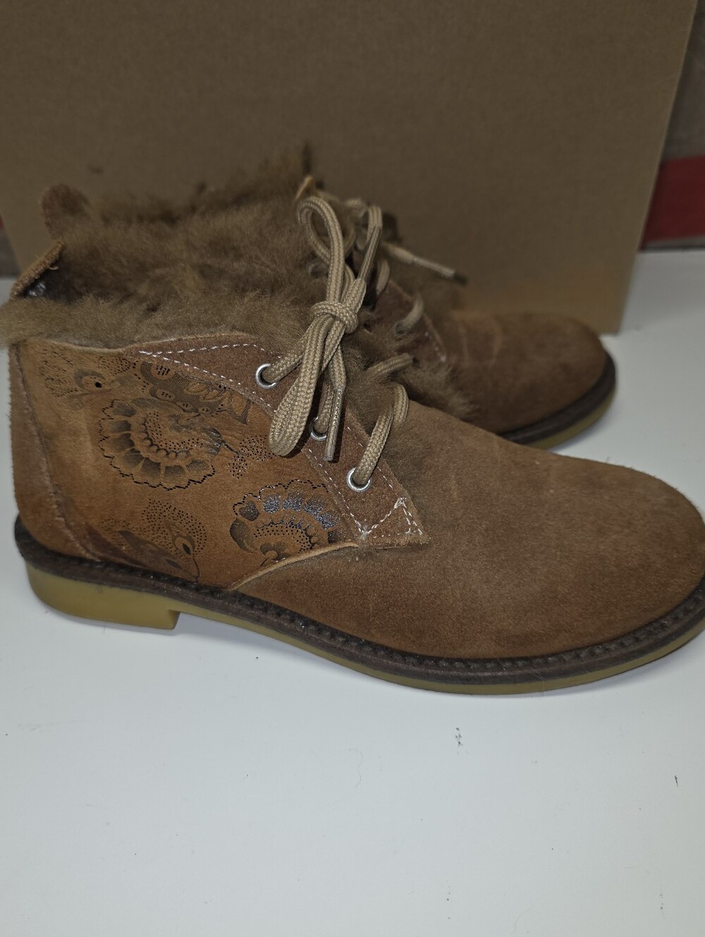 Tan Suede Ankle Booties with Real Fur Eur 37 Or US 6.5